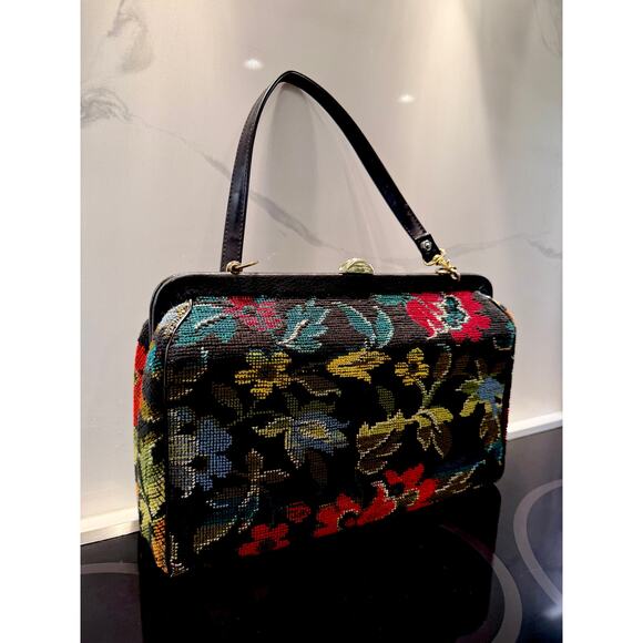Vintage Carpet Bag Needlepoint Tapestry Structured Satchel Large Floral Black - Picture 13 of 15